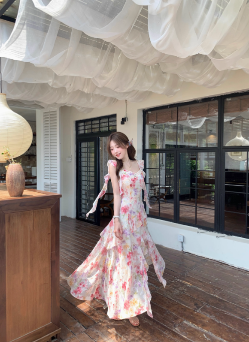 French holiday pink oil painting fairy floral long skirt female summer beautiful dress R3905