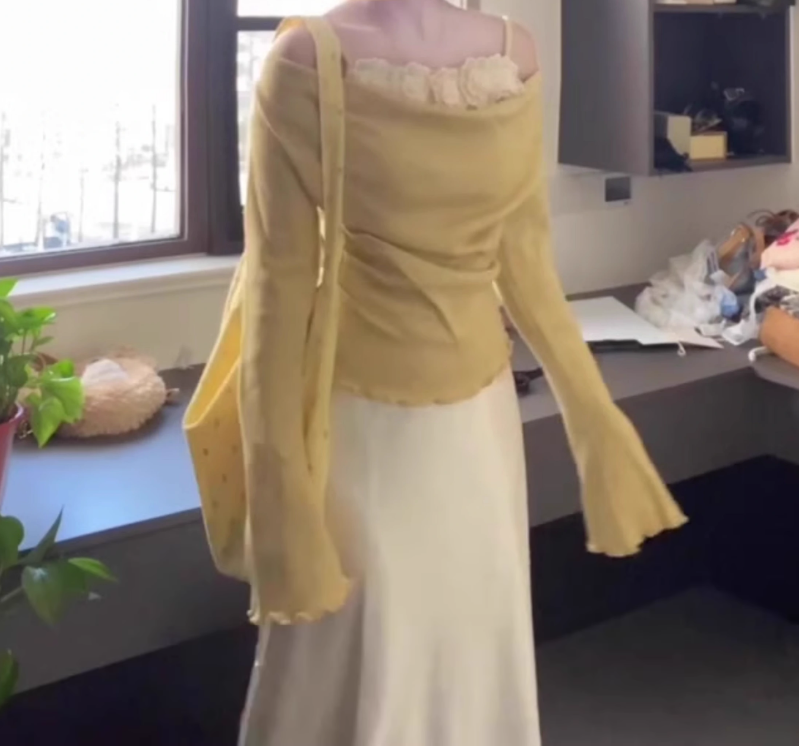 A complete set of outfits yellow one-shoulder top hip skirt 2025 two-piece suit R0768