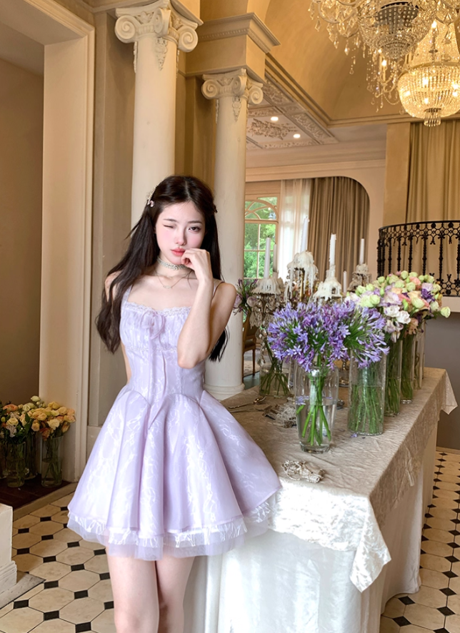 Purple square neck waist A-line suspender dress summer French retro temperament high-end skirt R4625