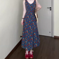 Retro V-neck floral suspender dress high-end waist temperament long skirt R0772