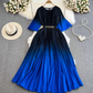 Light mature style celebrity temperament waist slimming A-line large swing printed pleated dress R0307