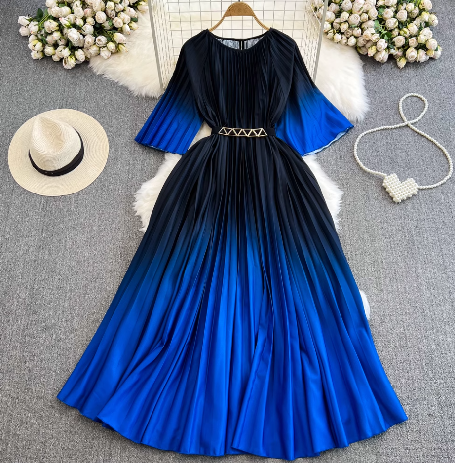 Light mature style celebrity temperament waist slimming A-line large swing printed pleated dress R0307