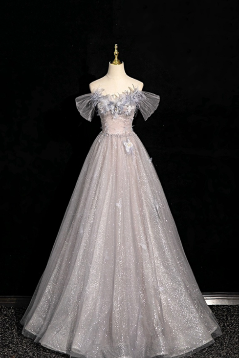 Elegant Sliver Glitter A-Line Off-the-shoulder Applique Corset Maxi Evening Dress Prom Dress RS589