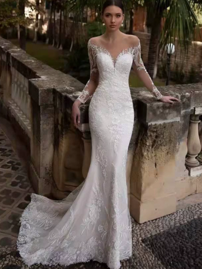 Mermaid Embroidered White Sweetheart Tulle Silky Bodycon Maxi Wedding Dress RS2427