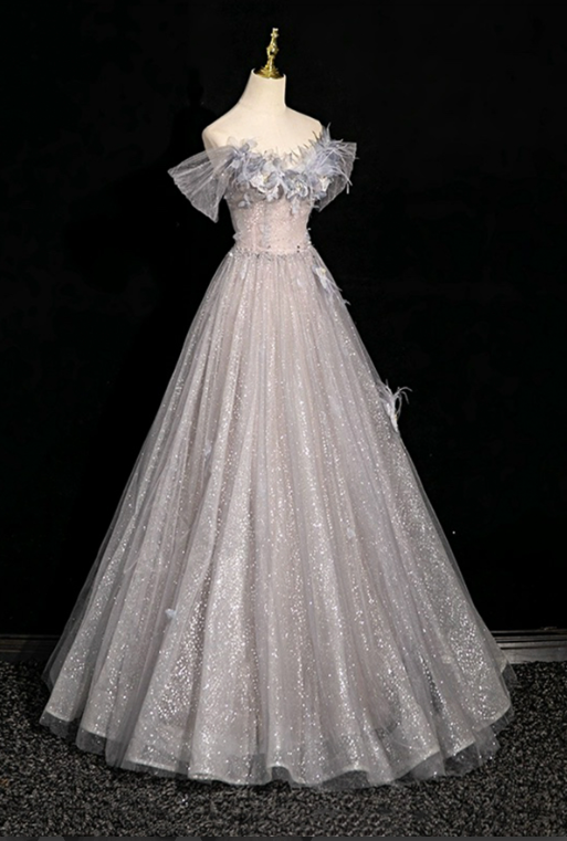 Elegant Sliver Glitter A-Line Off-the-shoulder Applique Corset Maxi Evening Dress Prom Dress RS589