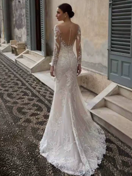 Mermaid Embroidered White Sweetheart Tulle Silky Bodycon Maxi Wedding Dress RS2427