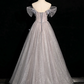 Elegant Sliver Glitter A-Line Off-the-shoulder Applique Corset Maxi Evening Dress Prom Dress RS589