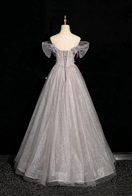 Elegant Sliver Glitter A-Line Off-the-shoulder Applique Corset Maxi Evening Dress Prom Dress RS589