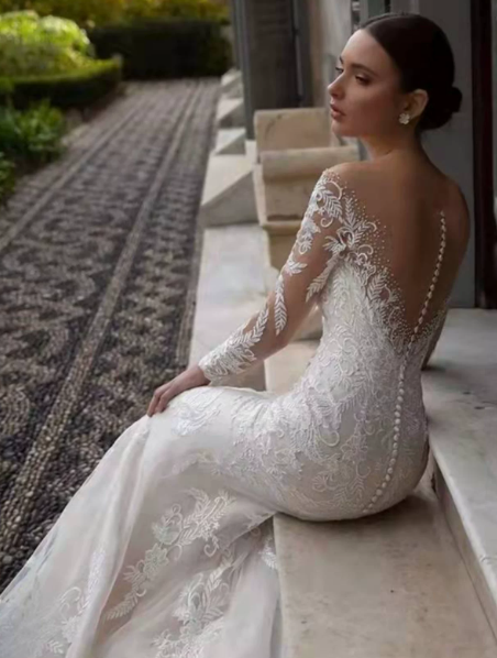 Mermaid Embroidered White Sweetheart Tulle Silky Bodycon Maxi Wedding Dress RS2427