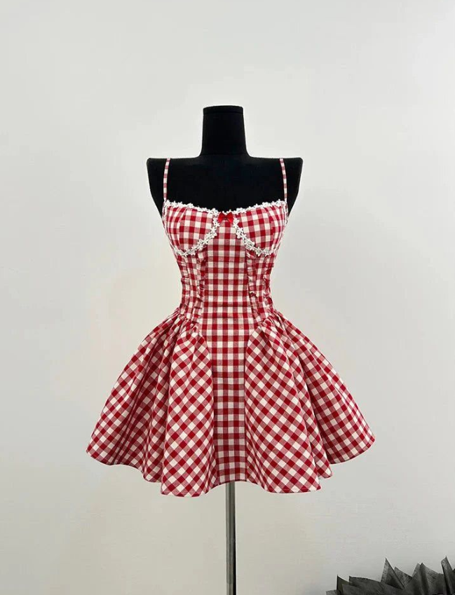Charming Red Plaid Homecoming Dress ,A-Line Spaghetti Straps Short Prom Dress Cami Dress RS955