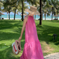 French lace hollow rose red sleeveless halter neck temperament long dress holiday style dress R0198