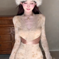 Pure desire style lace splicing V-neck trumpet sleeve dress 2025 waist hip skirt R1010