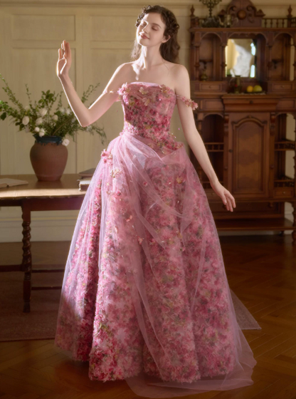 Romantic Barbie Pink Birthday Dress ,A-Line Off-the-shoulder Floral Corset Maxi Evening Dress RS961