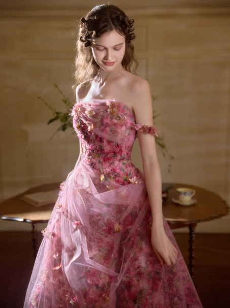 Romantic Barbie Pink Birthday Dress ,A-Line Off-the-shoulder Floral Corset Maxi Evening Dress RS961
