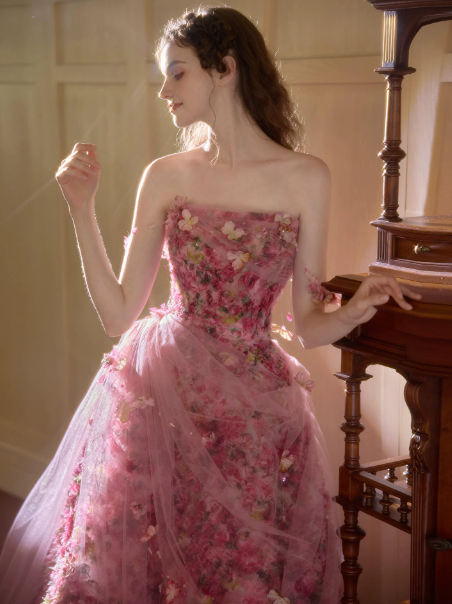 Romantic Barbie Pink Birthday Dress ,A-Line Off-the-shoulder Floral Corset Maxi Evening Dress RS961