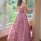 Romantic Barbie Pink Birthday Dress ,A-Line Off-the-shoulder Floral Corset Maxi Evening Dress RS961