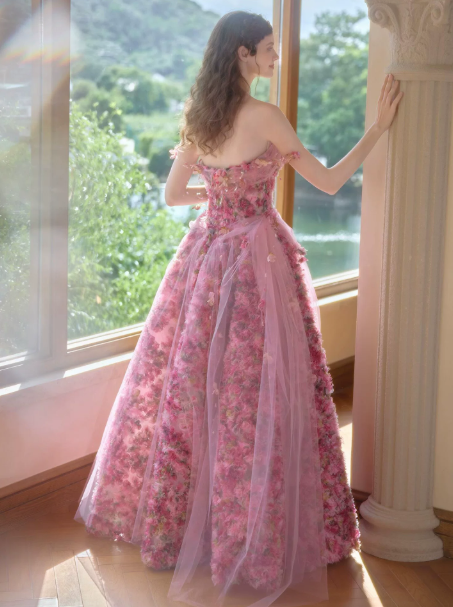 Romantic Barbie Pink Birthday Dress ,A-Line Off-the-shoulder Floral Corset Maxi Evening Dress RS961
