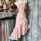 Champagne-colored strapless satin slim-waisted ruffled hem maxi ball gown R6180
