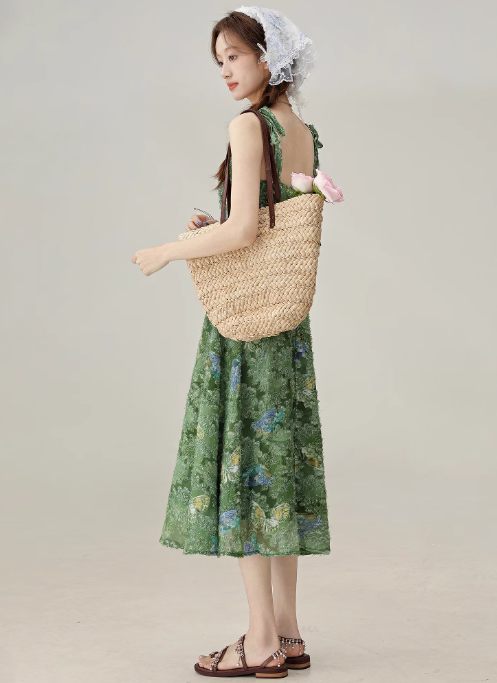 Summer beautiful holiday style green suspender dress 2025 new floral dress R1928