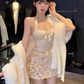 Pure desire design halter neck waist dress 2025 large size sequin hip skirt R1344