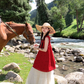 Red mid-length hollow loose suspender dress mesh skirt summer French holiday style skirt R4577