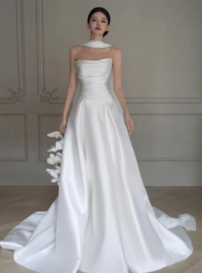 Minimalist White Silky A-Line Strapless Satin Corset Maxi Wedding Dress RS963