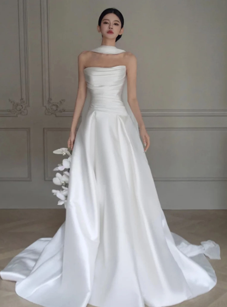 Minimalist White Silky A-Line Strapless Satin Corset Maxi Wedding Dress RS963