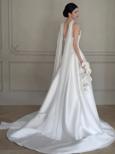Minimalist White Silky A-Line Strapless Satin Corset Maxi Wedding Dress RS963