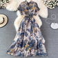 2025 socialite temperament ink painting print waist lapel single-breasted A-line big swing dress R0341
