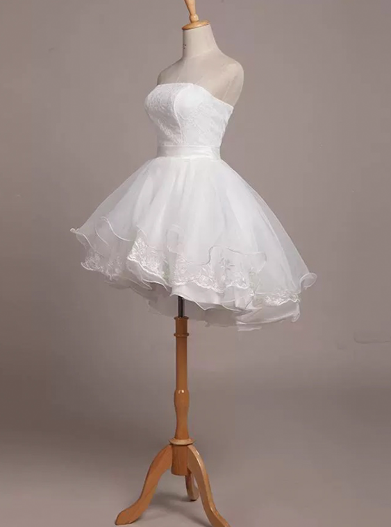 Minimalist White Homecoming Dress ,A-Line Strapless Tulle Short Prom Dress RS958