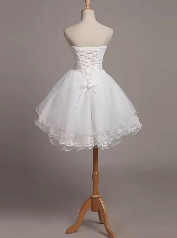 Minimalist White Homecoming Dress ,A-Line Strapless Tulle Short Prom Dress RS958