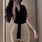 Large size French pure desire style V-neck ribbon sleeveless top tight hip skirt royal sister suit R1846