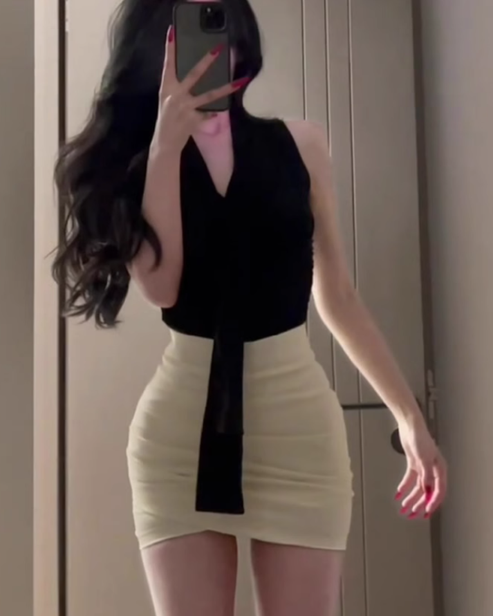 Large size French pure desire style V-neck ribbon sleeveless top tight hip skirt royal sister suit R1846