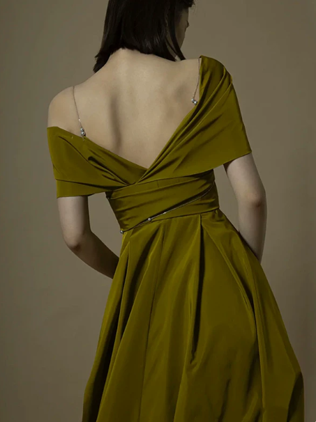 Elegant Bud Green Prom Dress ,A-Line Portrait Corset Maxi Evening Dress RS964