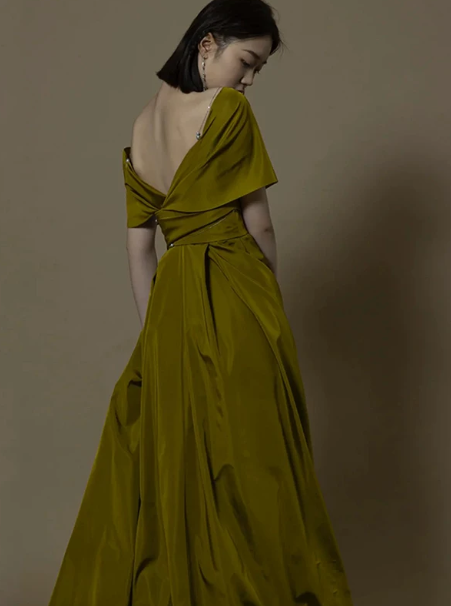 Elegant Bud Green Prom Dress ,A-Line Portrait Corset Maxi Evening Dress RS964