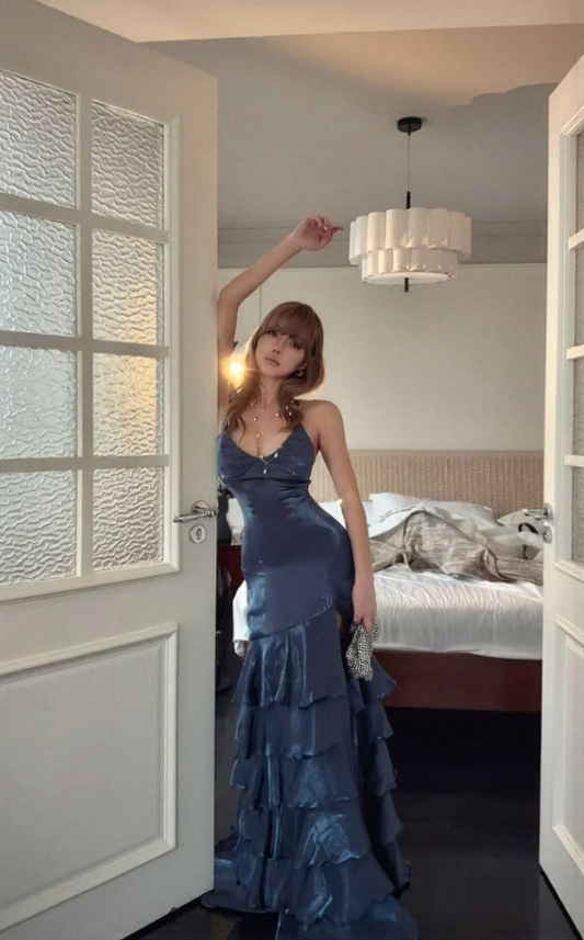 Elegant Navy Ruffled Prom Dress ,Mermaid Spaghetti Straps Bodycon Maxi Evening Dress RS965
