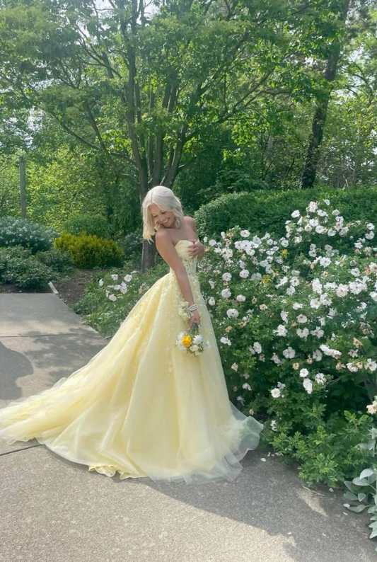 Vibrant Pastel Yellow Quinceanera Dress ,A-Line Strapless Embroidery Corset Maxi Evening Dress RS966