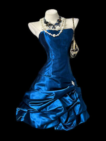 Silky Satin Pleated Women's Homecoming Dress Navy Corset Short Prom Dress Party Dress RS2653