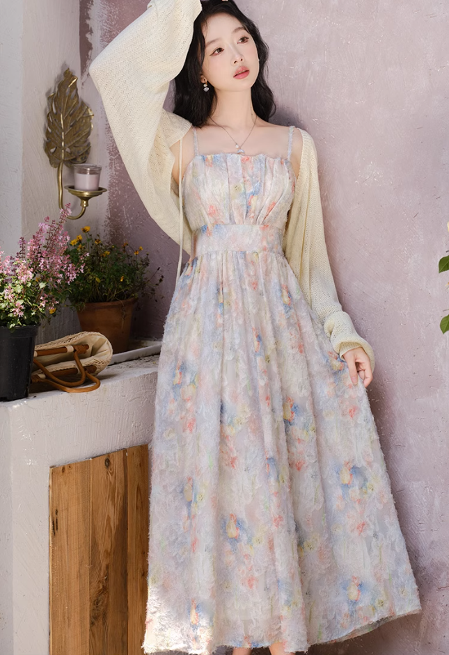 Summer small skirt French gentle style floral suspender dress plus cardigan two-piece set R2406