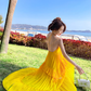 Yellow V-neck design backless dress tutu skirt irregular pleated beach suspender dress R0200