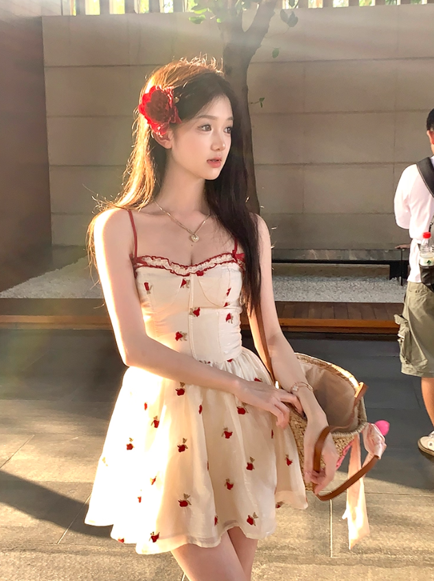 Red printed waist suspender dress summer slim a-line skirt French style petite skirt R4779