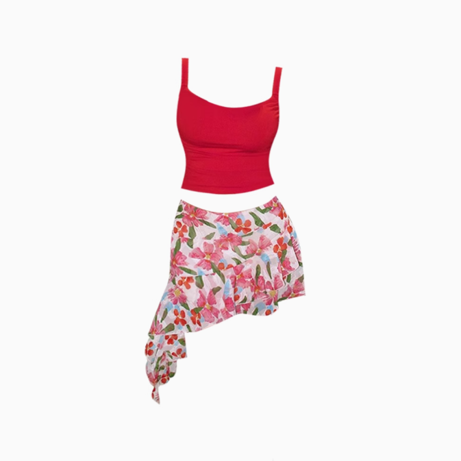 Sexy hot girl red camisole 2025 irregular floral holiday skirt suit R1349
