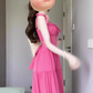 French square neck rose red tie waist dress beautiful gentle style backless long skirt R0462