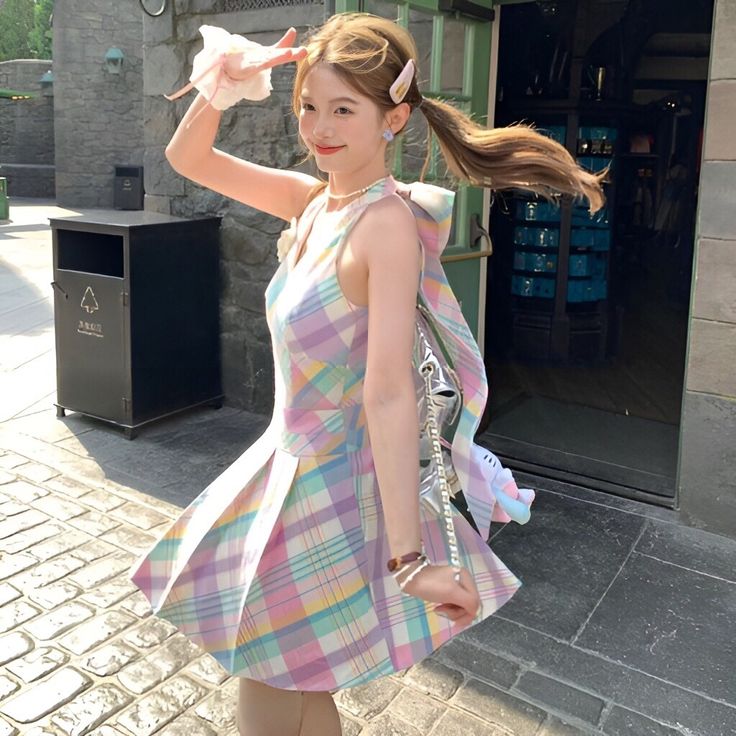 Colorful halter neck slim waist A-line short skirt R3246