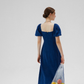 Blue French dress puff sleeves skirt retro style small square collar tea break long dress female summer R3456