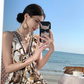 Bohemian style v-neck floral suspender dress temperament waist A-line long skirt R0592