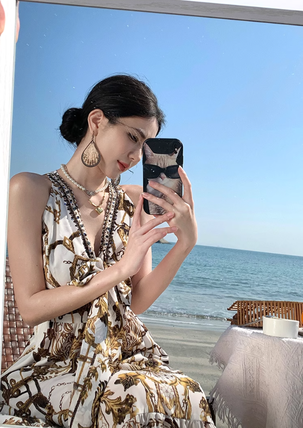 Bohemian style v-neck floral suspender dress temperament waist A-line long skirt R0592