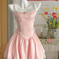 Pink short skirt with pearl suspenders, slim waist and slimming flower bud short skirt, homecoming dress R4087