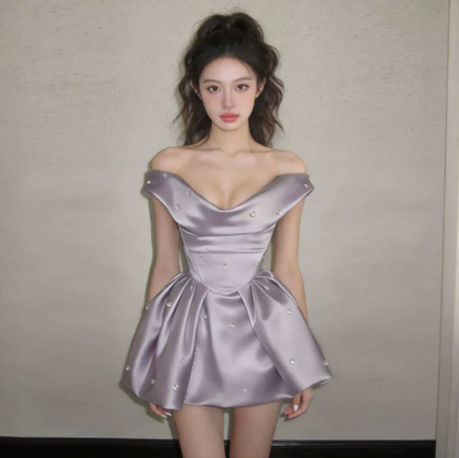 Silky Satin Beaded Women's Homecoming Dress Lavender Corset Short Prom Dress Party Dress RS2654