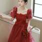 Elegant Burgundy A-Line Square Applique Corset Midi Birthday Dress Homecoming Dress RS583
